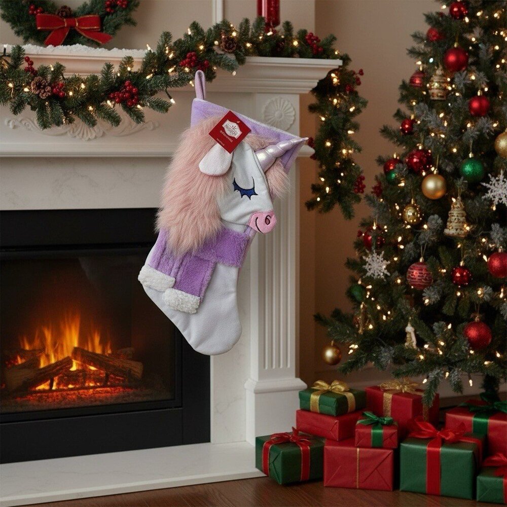 Holiday Time 3D UNICORN 17in Multicolor Purple Plush Christmas Stocking NEW